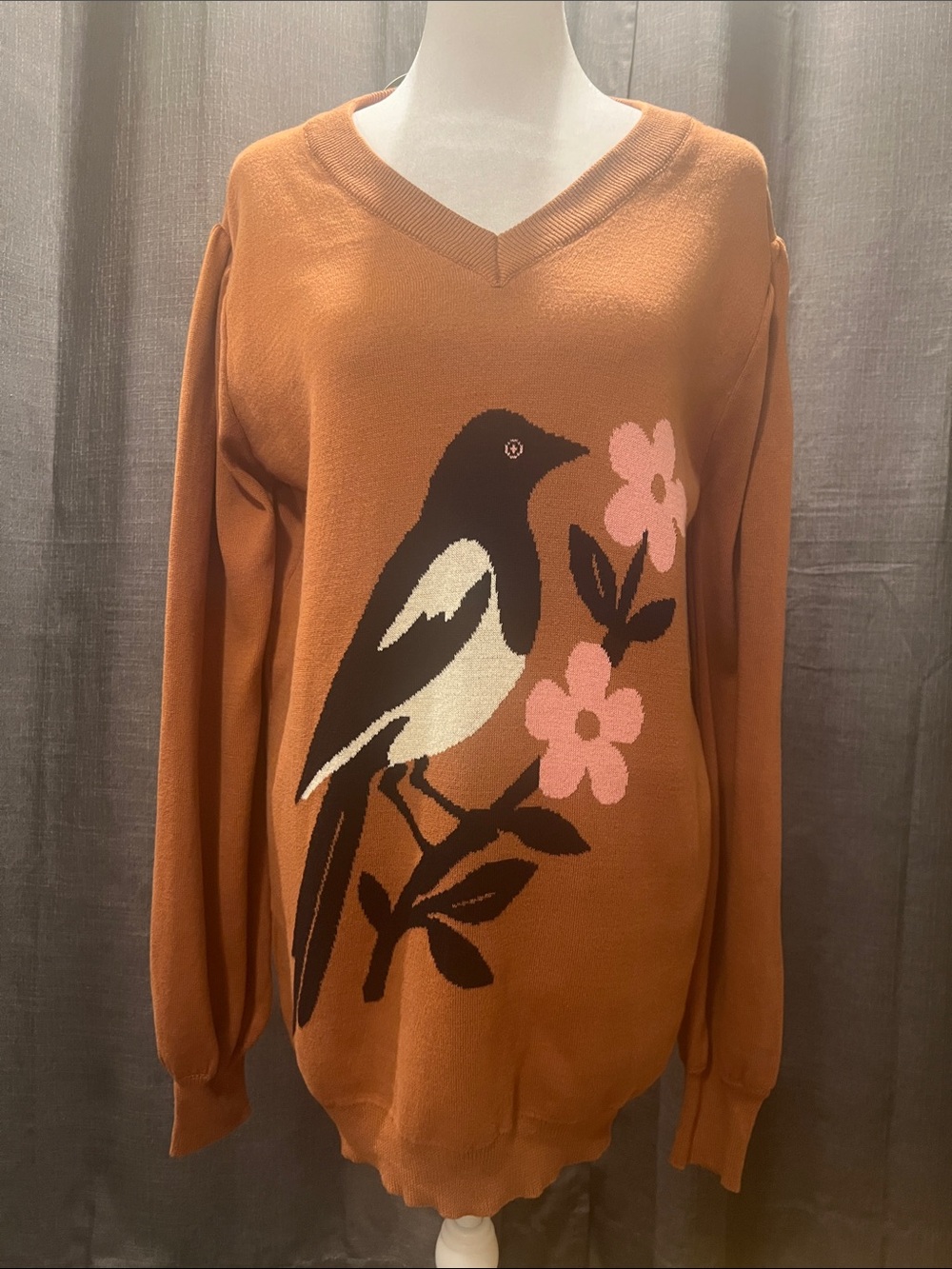 OXKNIT Magpie Bird Cherry Blossom Cotton Knit V-Neck Sweater Brown XL